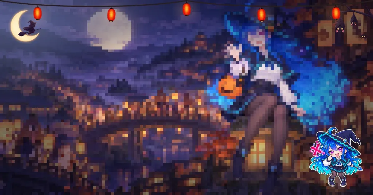 The Lantern String frame around a pixelated moonlit picture