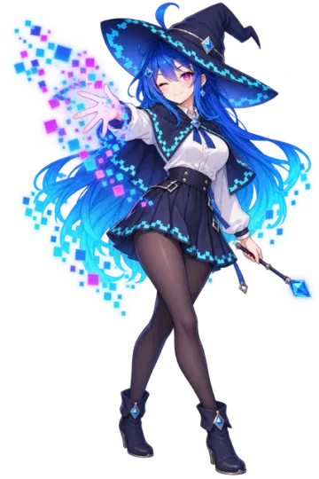 Nani Pix: a blue-haired pixel mage in a navy witch hat, casting a swirl of glowing pixels