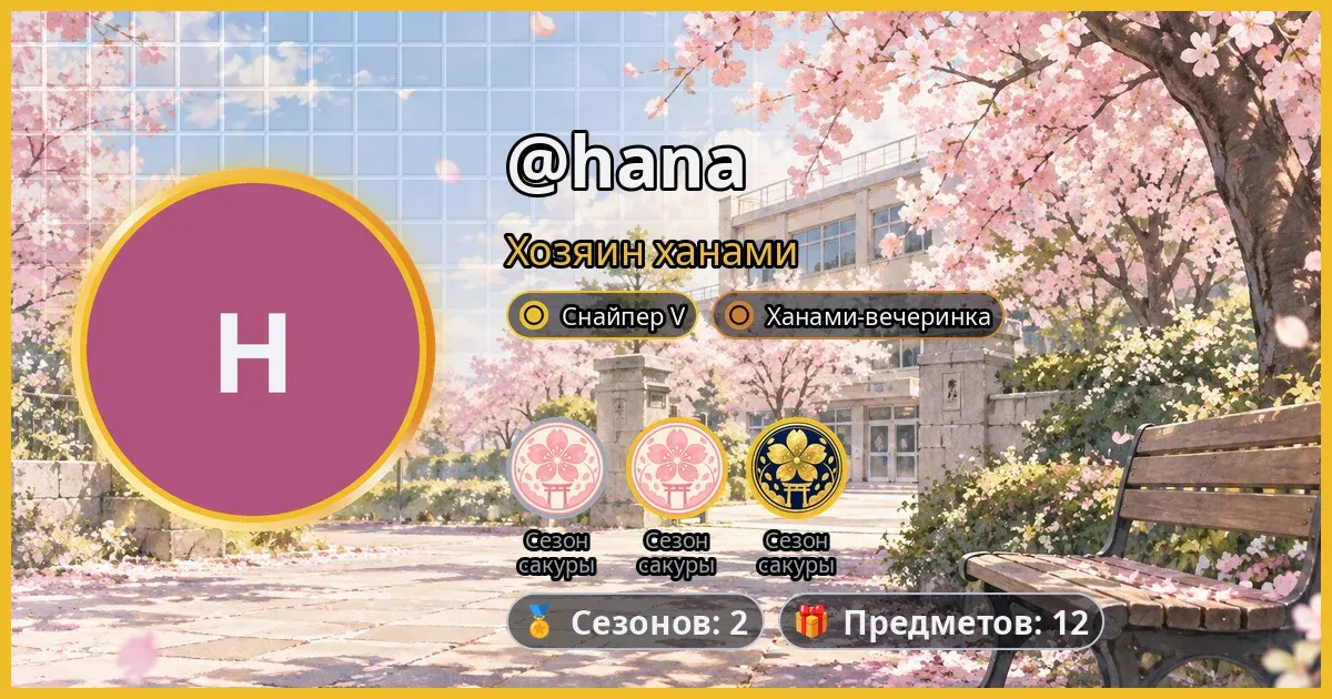 Карточка профиля с тремя штампами Сезона сакуры: обычным, с золотым кольцом и золотым Sakura+