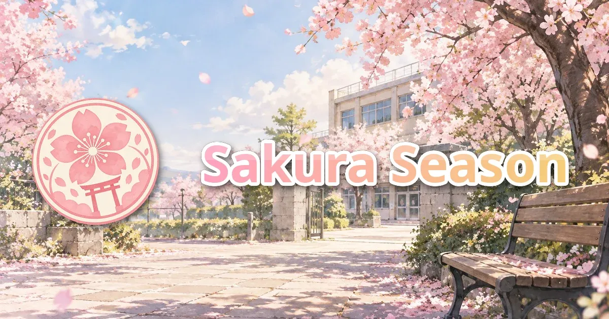 Sakura Season: a cherry-blossom schoolyard with the season’s stamp and its gradient title