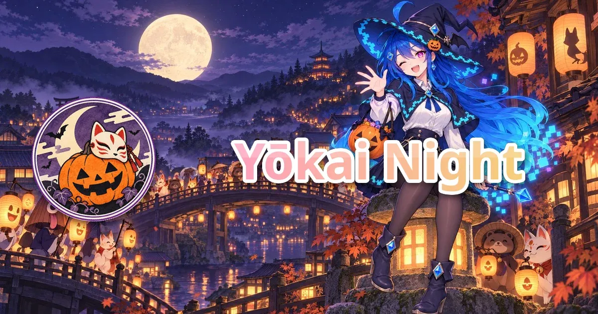 Yōkai Night: a moonlit shrine with the season’s stamp and its gradient title