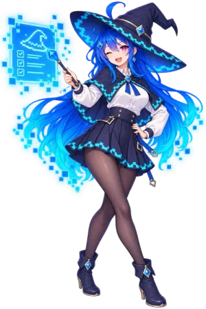 Nani Pix pointing her wand at a glowing pixel checklist, explaining the rules with a wink