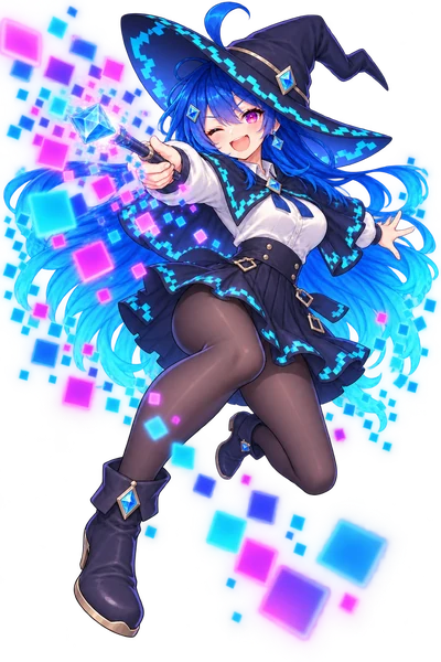 Nani Pix mid-twirl, firing a burst of glowing pixels from her wand